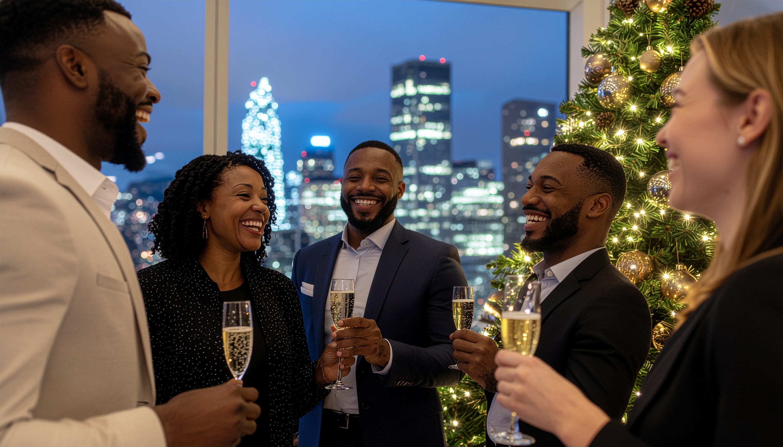 Elegant Party with Friends by a Christmas Tree